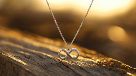 Delicate silver infinity necklace pendant displayed on a rustic wooden surface, glowing softly in sunset light, symbolizing endless love and connection.の素材