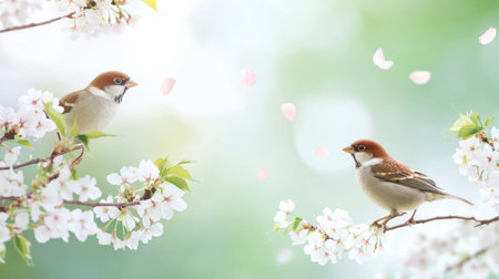 Two cute sparrows sing joyfully on cherry blossom branches, surrounded by delicate petals fluttering in the breeze, capturing the essence of spring's beauty and tranquility.の素材
