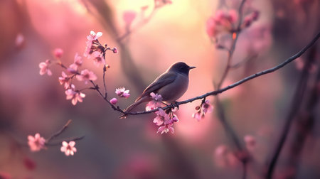 A charming bird rests on a branch adorned with soft pink blossoms, creating a serene spring atmosphere. The delicate petals and vibrant colors enhance the beauty of this peaceful nature scene.の素材