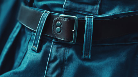 This close-up image showcases a denim fabric combined with a sleek black leather belt, highlighting the texture and stitching details beautifully. Perfect for fashion themes.の素材