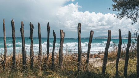 A rustic wooden fence stands against a backdrop of turquoise ocean waves, capturing the serene beauty of nature and the tranquil coastal atmosphere.の素材