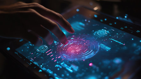 A close-up image of a hand reaching for a vibrant touchscreen interface. The display showcases complex data visualizations in a futuristic style, blending colors and patterns.の素材
