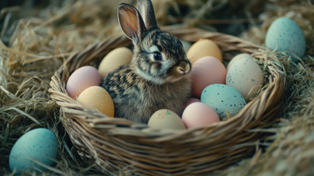 A cute rabbit sits gracefully in a woven basket filled with colorful Easter eggs, capturing the essence of springtime celebrations and joy.の素材