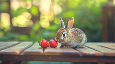 A charming bunny curiously sniffs ripe strawberries placed on a wooden table. This serene outdoor setting captures the essence of nature and playful moments.の素材