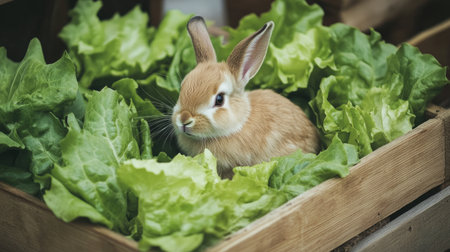 A charming brown bunny nestled among fresh green lettuce in a rustic wooden box. This delightful scene captures the essence of nature and wholesome food, perfect for springtime themes.の素材