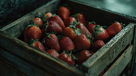 A visually appealing image of freshly harvested strawberries packed in a rustic wooden crate. Ideal for culinary themes, agriculture, or health-focused projects.の素材