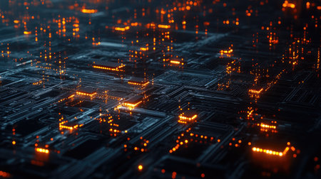 Captivating abstract image of a futuristic circuit board design with glowing orange lights. Ideal for topics related to technology and digital innovation.の素材