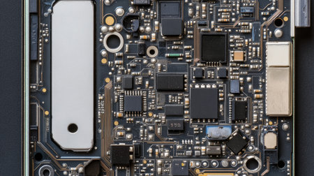 A high-resolution close-up image of an electronic circuit board showcasing various microchips and components, highlighting modern technology and intricate design.の素材
