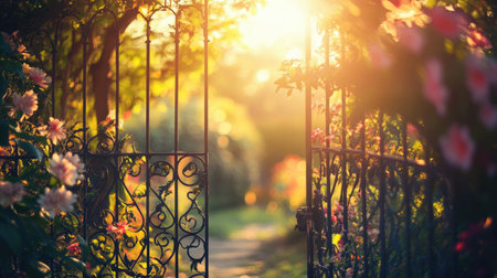 A stunning garden gate opens into a vibrant landscape filled with colorful flowers. Golden sunlight filters through the foliage, creating a serene and enchanting atmosphere.の素材