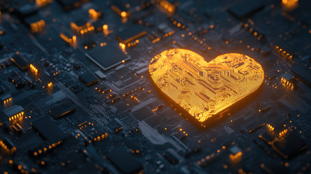 A striking golden heart shape made of circuit patterns sits against a dark technology background, symbolizing love and innovation in the digital age.の素材