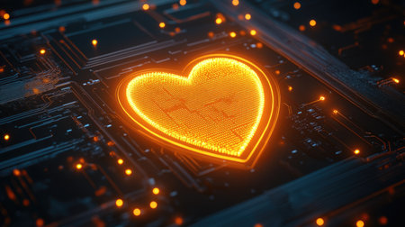 A vibrant glowing heart shape on a circuit board, symbolizing love and technology. This creative abstract design showcases bright orange light against a digital backdrop.の素材