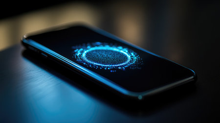A captivating close-up of a smartphone screen displaying vibrant digital technology design in glowing blue tones, perfect for showcasing innovation.の素材