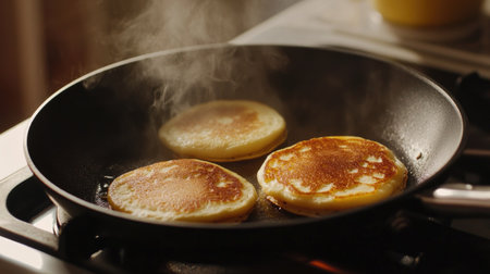 Three golden pancakes are frying in a skillet, producing steam and a warm, inviting aroma, perfect for breakfast or brunch delights.の素材