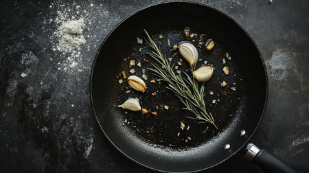 A close-up image showcasing fresh garlic and rosemary in a black frying pan. The dark backdrop enhances the culinary elegance and highlights fresh ingredients.の素材