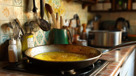A cozy kitchen scene featuring a pan bubbling with oil on the stove, surrounded by various utensils and ingredients, evoking the warmth of home cooking.の素材
