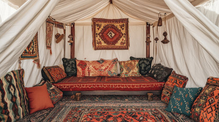 A cozy traditional tent interior showcasing vibrant cushions and intricate patterns. The warm ambiance invites relaxation, highlighting ethnic decor and artistry.の素材