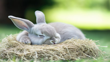 A cute grey bunny peacefully sleeps in a cozy nest of hay amidst a vibrant meadow. This serene scene captures the beauty and innocence of wildlife in nature.の素材