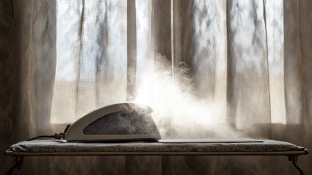 A steam iron emits rising steam on an ironing board, positioned beside curtains. This serene setting captures the essence of household chores and fabric care.の素材