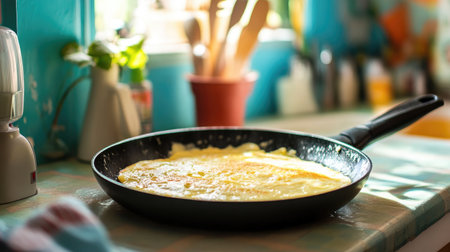 A freshly cooked omelette sizzling in a black pan on a sunlit kitchen countertop, surrounded by vibrant colors and culinary tools, ideal for food enthusiasts.の素材