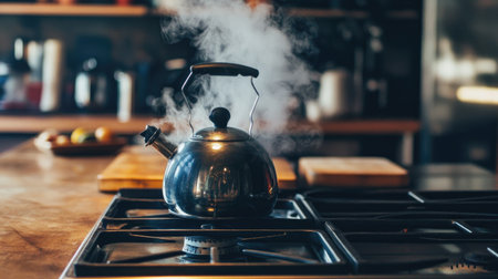 A black kettle generates steam on a stove, enhancing a cozy kitchen atmosphere. The scene captures daily cooking moments, blending functionality with warmth.の素材
