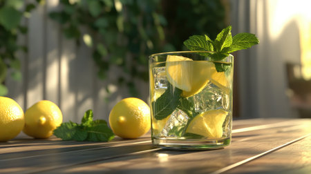 A refreshing lemon drink featuring mint and ice cubes in a glass, placed on a wooden table. The scene captures the essence of summer and relaxation.の素材