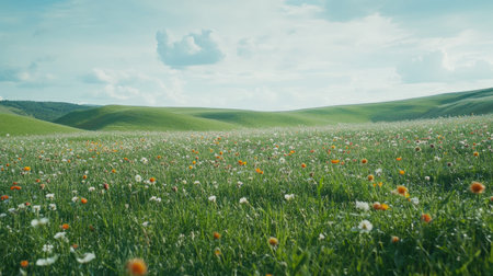 A vibrant meadow showcasing a rich array of colorful wildflowers with lush green grass and a serene blue sky, perfect for nature lovers and outdoor enthusiasts.の素材