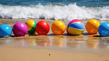 Vibrant and cheerful beach balls are lined up on a sandy shore, reflecting the sun and waves of the ocean, creating a perfect summer scene.の素材