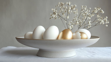 A serene still life featuring white eggs with a gold accent nestled in a stylish plate, complemented by delicate daisies, perfect for spring or holiday decoration.の素材