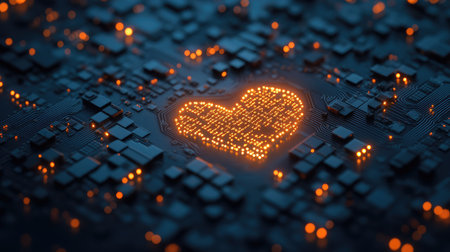 This captivating image features a glowing heart shape illuminated against a dark circuit board, symbolizing love and connection in a technological world.の素材