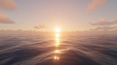 Experience the serene beauty of a tranquil sunset over calm ocean waters. This stunning scene captures soft clouds and gentle waves, creating a peaceful atmosphere.の素材