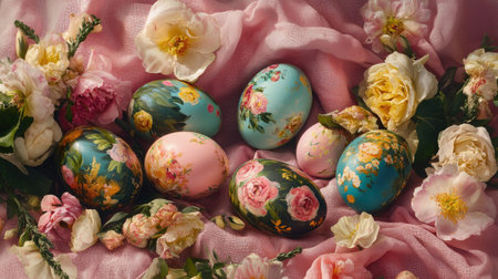 A beautiful display of hand-painted Easter eggs nestled among fresh flowers on soft fabric. Perfect for spring celebrations and holiday decorations.の素材
