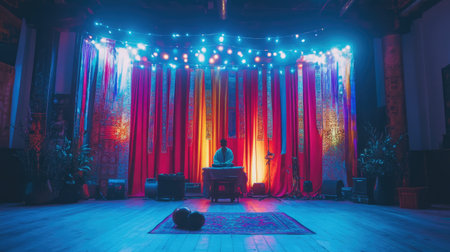 This captivating image captures a serene meditation space adorned with colorful lights and textured fabrics, creating a tranquil atmosphere ideal for mindfulness and relaxation.の素材