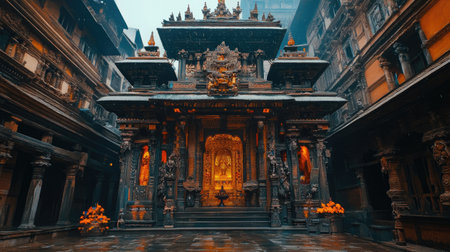 Discover a stunning ancient temple nestled within elegant architecture, adorned with intricate carvings. The serene atmosphere, enhanced by falling snow, invites contemplation and reverence.の素材