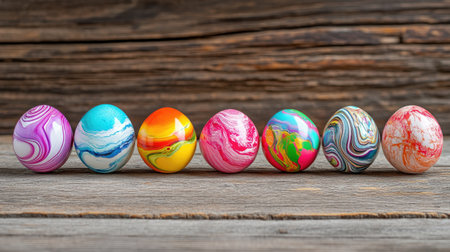 A beautiful arrangement of colorful marbled eggs displayed on a rustic wooden table. Perfect for spring celebrations, holiday decor, or artistic crafts.の素材