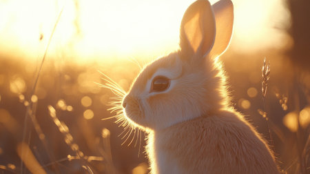 A charming rabbit is featured in profile against a warm sunset, showcasing its soft fur and delicate features. This peaceful scene highlights the beauty of nature.の素材