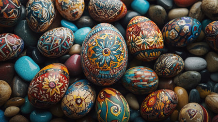 A vibrant arrangement of beautifully hand-painted eggs set against smooth pebbles. Perfect for spring celebrations and Easter decorations, this image captures artful detail and colorful design.の素材