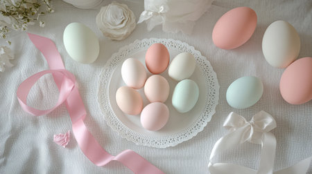 A beautifully styled arrangement of pastel colored eggs on soft fabric, enhanced by delicate ribbons and decorative elements, perfect for spring celebrations.の素材