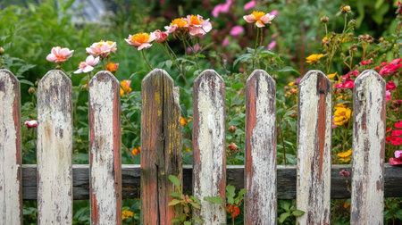 A rustic wooden fence stands proudly with its weathered texture, surrounded by an array of colorful garden flowers, creating a serene and charming outdoor atmosphere.の素材
