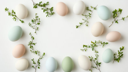 A delightful arrangement of colorful eggs nestled among fresh greenery, creating a charming and vibrant spring aesthetic perfect for festive celebrations.の素材