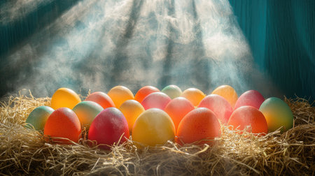 A captivating scene featuring colorful Easter eggs arranged on hay, illuminated by soft light and gentle mist, creating a joyous and festive atmosphere.の素材