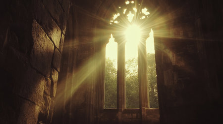 Ethereal sunlight filters through a stunning gothic window, illuminating the interior of an abandoned stone structure, creating a serene and peaceful atmosphere.の素材
