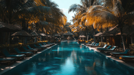 Experience the serene atmosphere of a stunning tropical resort pool surrounded by lush palm trees. Enjoy the tranquil setting and relaxation.の素材