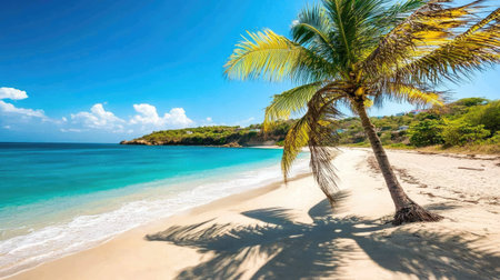 A stunning tropical beach features a tall palm tree casting shadows on soft sand, with crystal-clear waters and vibrant blue skies, creating a perfect getaway.の素材