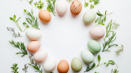 A visually appealing circle of colorful eggs surrounded by fresh herbs on a bright white background. Perfect for seasonal projects and culinary themes.の素材