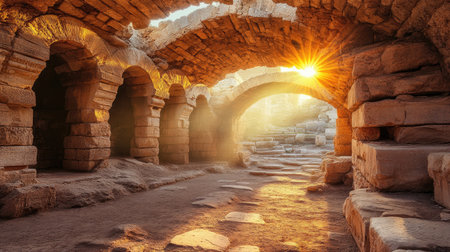 Stunning view of ancient ruins illuminated by sunlight filtering through stone arches. The warm glow enhances the historical architecture, creating a serene atmosphere.の素材