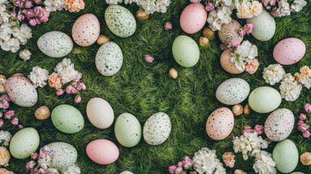 A vibrant display of colorful Easter eggs nestled among delicate flowers and lush grass, creating a joyful and festive spring atmosphere. Perfect for seasonal decorations.の素材
