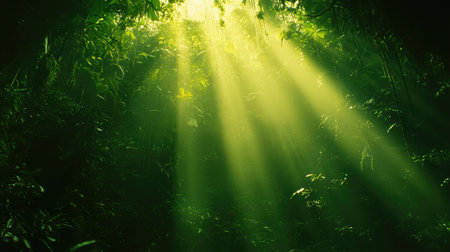 A breathtaking view of sunlight streaming through a dense jungle canopy, illuminating greenery and creating a serene atmosphere. Perfect for nature themes.の素材