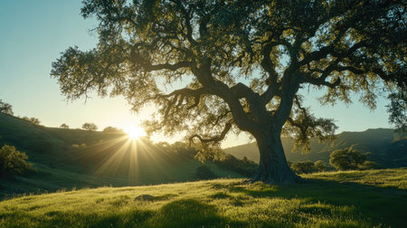 A stunning oak tree stands tall in a green meadow as the sun rises, casting beautiful rays of light across the landscape, creating a peaceful morning scene.の素材