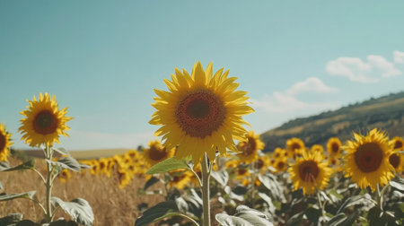 A stunning view of a sunflower field under a clear blue sky on a summer day. The bright yellow blooms radiate warmth and joy, creating a picturesque landscape.の素材