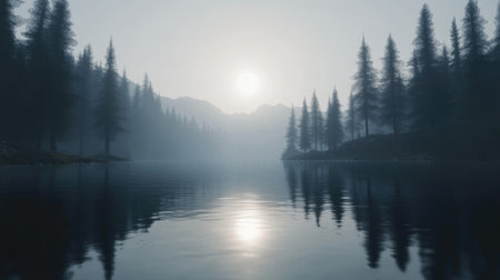 A tranquil morning scene featuring a misty lake surrounded by majestic pine trees. The calm waters reflect the soft sunlight, creating a serene atmosphere.の素材